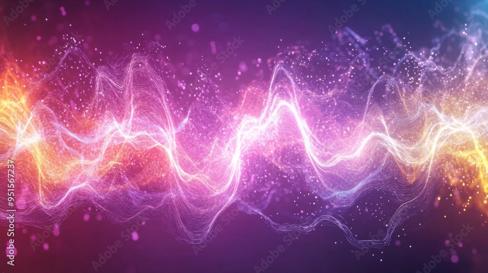Poster An electric wave visualization with pulsating lines and light particles, set against a gradient background, symbolizing energy flow and frequency.
