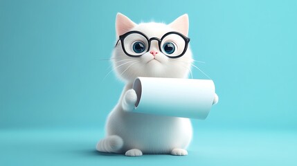 A White Cat Wearing Glasses Holds a Blank Scroll