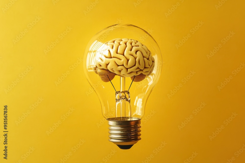 Poster a creative and symbolic image of a lightbulb with the filament in the shape of a brain