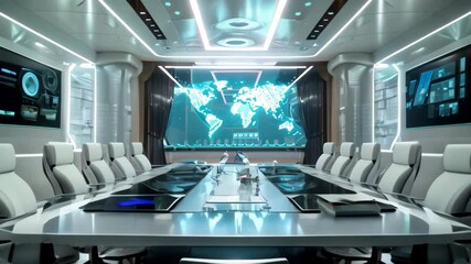 Futuristic Conference Room With Holographic Displays and City View, A futuristic conference room with holographic displays and interactive touch screens - Powered by Adobe