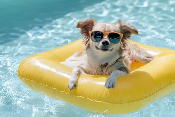 A cute and quirky scene featuring a small dog wearing sunglasses while lounging on a yellow