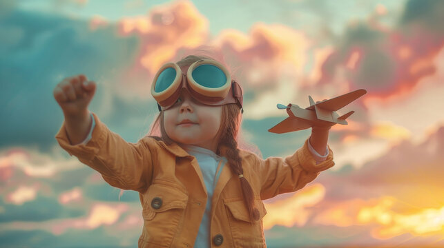 A joyful child in aviator goggles plays with a wooden airplane against a vibrant sunset, inspiring dreams of adventure and flight.