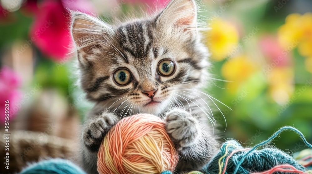Poster an endearing photo of a kitten playing with a ball of yarn, with its playful antics and wide-eyed cu