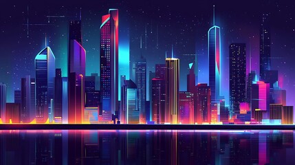 A vibrant cityscape at night with a large, dark sky for text