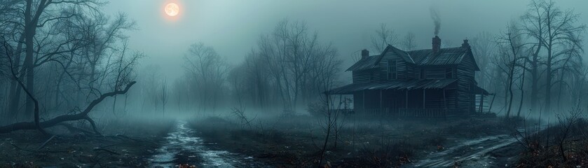 Naklejka premium A haunting fog envelops an old house, creating an eerie atmosphere under a ghostly moonlight.