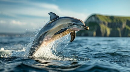 Naklejka premium A majestic dolphin leaps gracefully out of the ocean, showcasing its agility against a stunning coastal backdrop.