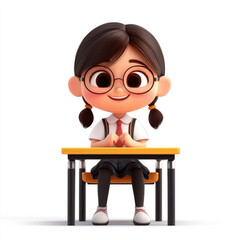 3D cartoon shows a female student wearing a school uniform sitting at his desk with a happy gesture. on a solid white background,