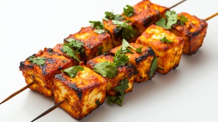 An elegant serving of paneer tikka, garnished with fresh herbs, placed on a pristine white background, with a focus on the grilled textures and spices.