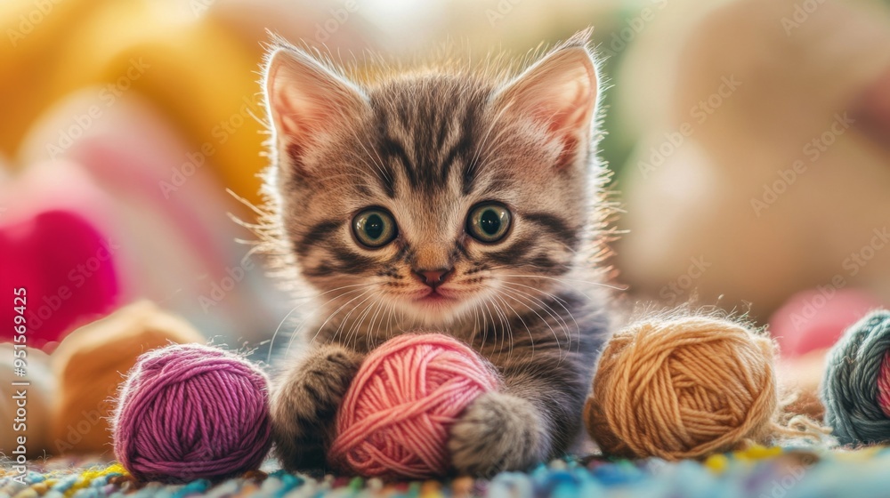 Poster an endearing photo of a kitten playing with a ball of yarn, with its playful antics and wide-eyed cu