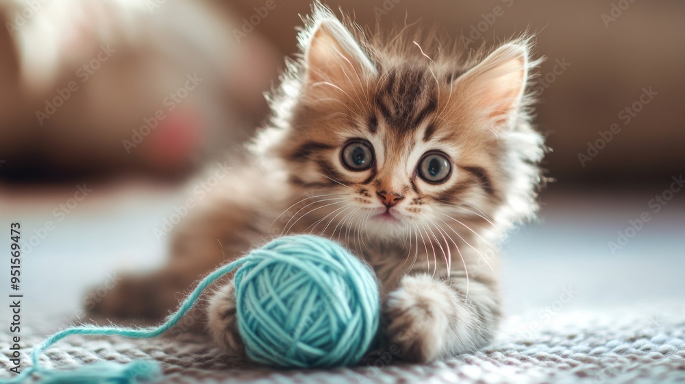 Poster an endearing photo of a kitten playing with a ball of yarn, with its playful antics and wide-eyed cu