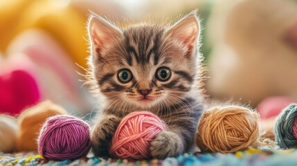 An endearing photo of a kitten playing with a ball of yarn, with its playful antics and wide-eyed curiosity captured in a bright, cheerful setting