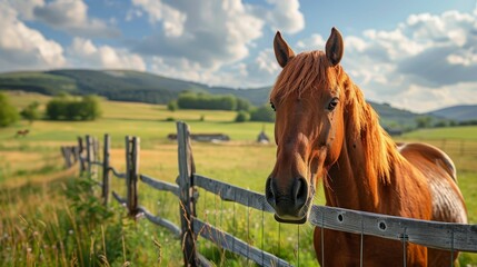 A majestic horse stands by a wooden fence, set against a backdrop of rolling hills and bright blue skies, embodying rural tranquility.