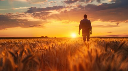 Man Walking in Wheat Field at Sunset