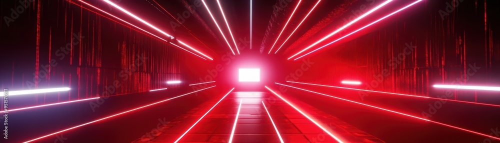 Poster futuristic tunnel with vibrant red and neon lights creating a dynamic visual effect, perfect for sci