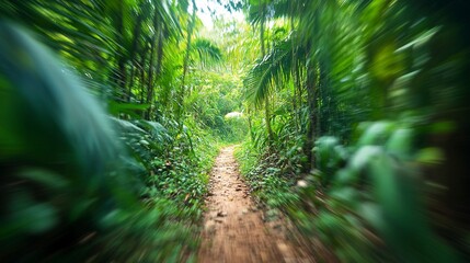 Naklejka premium Blur background of narrow path winding through a dense tropical jungle. Lush greenery and vibrant foliage dominate this landscape. 