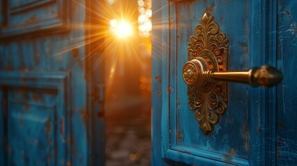 A stunning blue door with intricate details, illuminated by the warm glow of sunrise, inviting exploration and wonder.