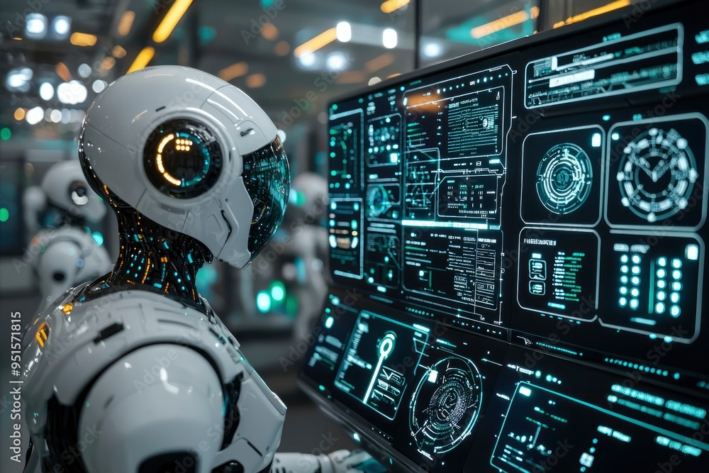 Poster a white robot with a futuristic interface screen