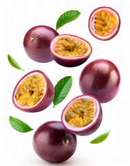 Naklejka premium High quality resolution passion fruits isolated. Fresh and delicious Passion fruits isolated on white background - Refreshing passion fruits Slices Falling to down, dropping. 