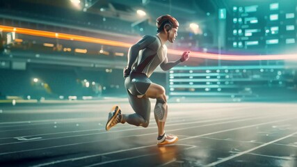 A lone athlete runs through a digital tunnel, showcasing futuristic sports technology, A futuristic depiction of sports technology and advancements in training methods - Powered by Adobe