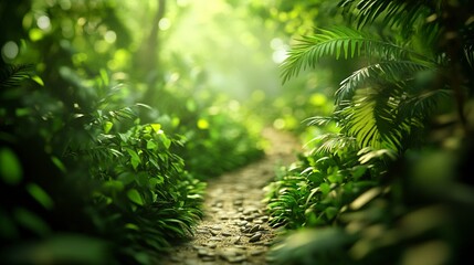 Blur background of narrow path winding through a dense tropical jungle. Lush greenery and vibrant foliage dominate this landscape. 