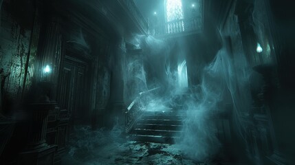 Obraz premium A haunting interior scene with ethereal mist rising around a grand staircase, illuminated by eerie blue light.