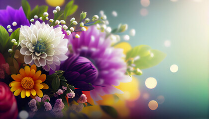 Summer blossom delicate floral bouquet on blurred multicolor bokeh background. Abstract background. Generative AI