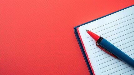 high-resolution top view of a pen and notebook on a red background, featuring fine details and a minimalist concept with isolated, vibrant studio lighting, perfect for copy space