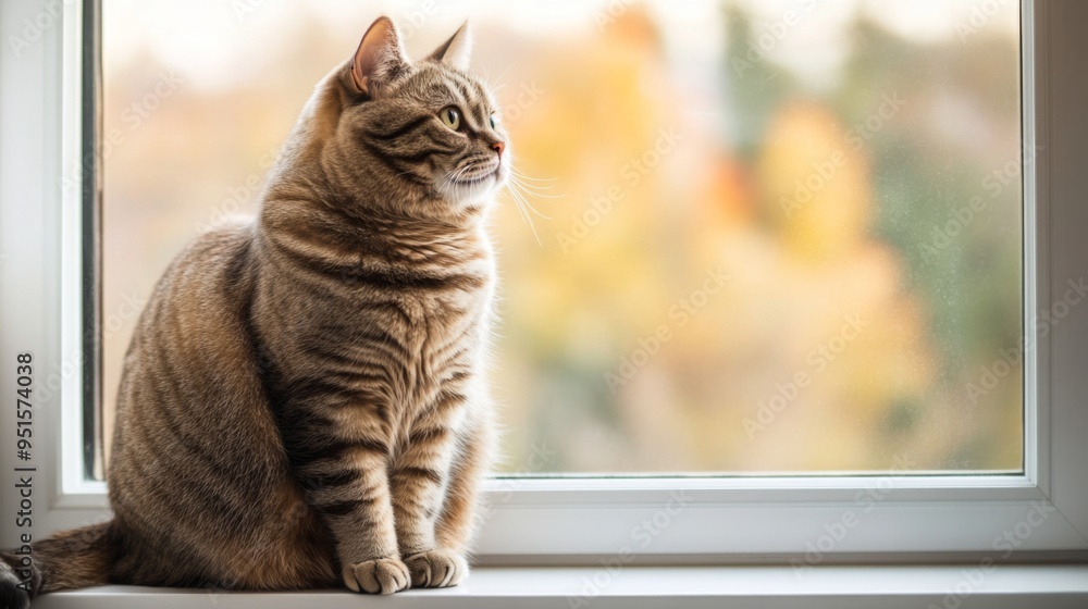 Poster An overweight cat sitting on a windowsill, gazing outside with a curious expression, its round body and fluffy tail creating a charming scene.