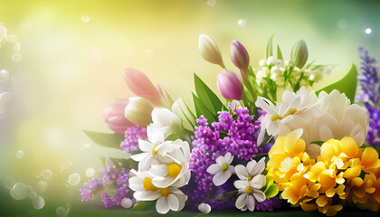 Summer blossom delicate floral bouquet on blurred multicolor bokeh background. Abstract background. Generative AI
