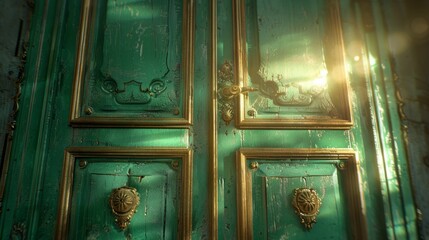 Elegant vintage door with intricate design and golden accents, illuminated by warm sunlight, creating a captivating ambiance.