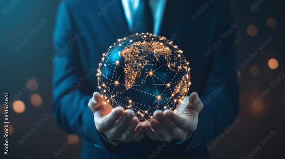 Aufkleber Businessman holding global network connection on social networking and customer data analytics, Business strategy and smart intelligence, digital marketing, Technology and global business.