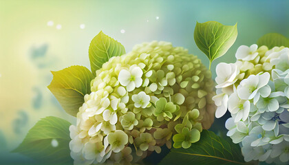 Beautiful hydrangea bouquet isolated on multicolor blur bokeh background. Spring floral composition. Generated AI