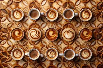 A row of coffee cups with swirls on them. The cups are arranged in a pattern and are all different sizes