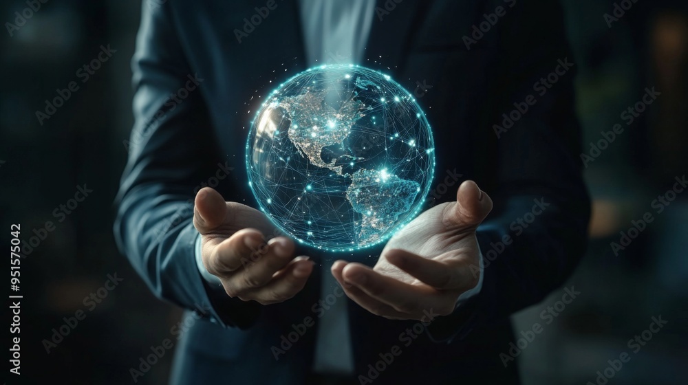 Poster businessman holding light blub with virtual global internet connection. global internet connection a