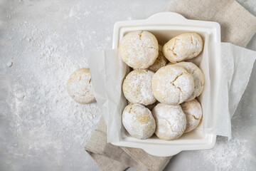 Almond cookies top view, Italian gluten free round biscuits amaretti