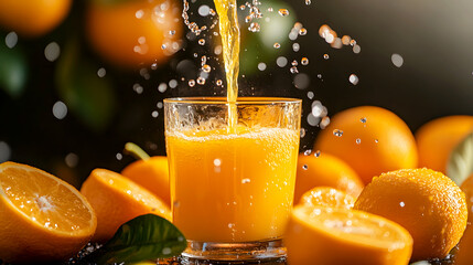 Freshly squeezed orange juice being poured into a glass, surrounded by vibrant oranges