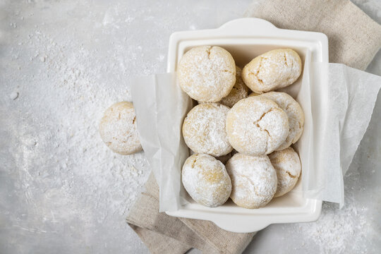 Almond cookies top view, Italian gluten free round biscuits amaretti