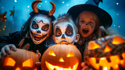Fototapeta premium Children dressed as a witch and ghosts joyfully pose with glowing jack-o'-lanterns, showcasing their spooky face paint during a Halloween celebration