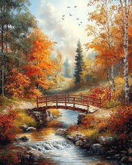 Obraz premium A serene autumn landscape featuring vibrant foliage, a tranquil stream, and a quaint wooden bridge inviting peaceful exploration.