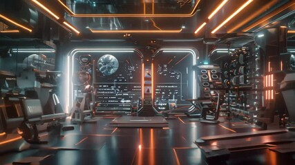 Futuristic Gym Interior With Sleek Metallic Equipment and Large Windows, A futuristic gym with sleek metallic equipment and virtual reality headsets for a high-tech workout experience