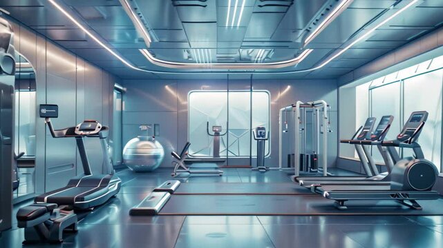 Futuristic Book With Digital Cityscape Hologram in a Library Setting, A futuristic gym with sleek metallic equipment and virtual reality headsets for a high-tech workout experience