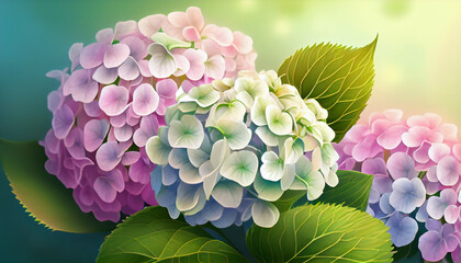 Beautiful hydrangea bouquet isolated on multicolor blur bokeh background. Spring floral composition. Generated AI