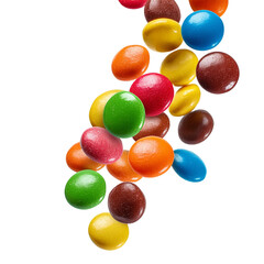 A Colorful Cascade: Vibrant candy buttons tumble through a clean white space, a sugary spectacle of childhood joy. 