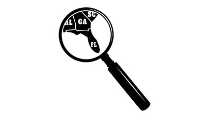FLORIDA state map in magnifying glass, black isolated silhouette