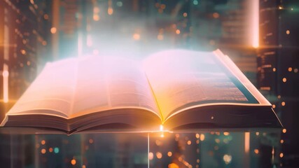 A futuristic basketball arena with players practicing as a holographic textbook floats above the court, A futuristic holographic textbook floating in the air - Powered by Adobe