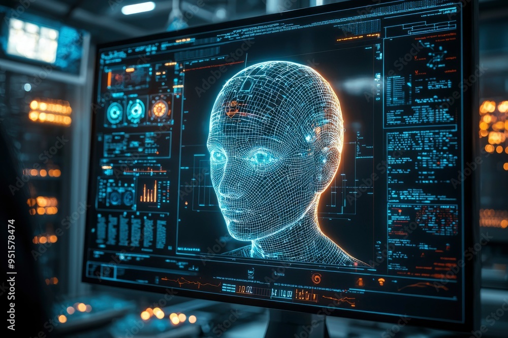 Poster a wireframe human head displayed on a futuristic computer screen