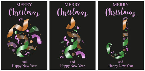 Elegant Christmas greeting card cover template set isolated transparent background. Collection of New Year posters with trendy 3D confetti ribbon. Fashion holiday vector aesthetic. EPS 10