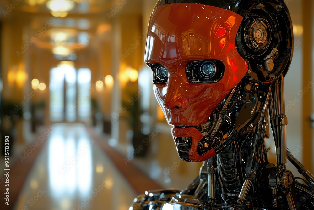 Poster close-up of a shiny red and black android robot head
