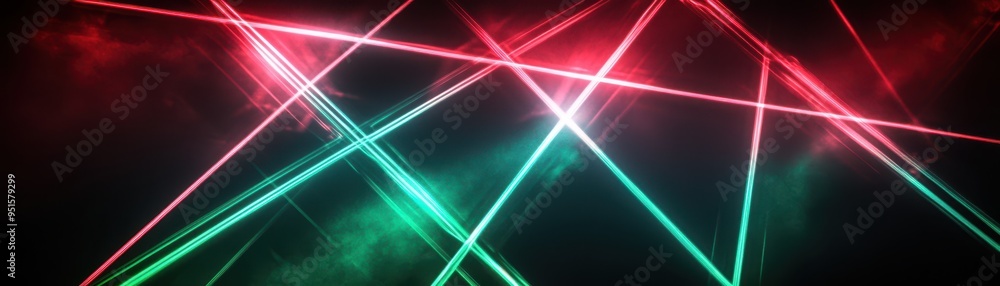 Poster vibrant laser beams crossing in red and green hues, creating a dynamic visual effect against a dark 