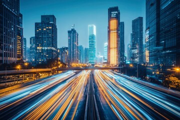 Fototapeta premium Cityscape with a Highway of Light Trails at Dusk